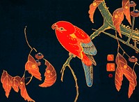 Red parrot on a tree branch vintage wall art print poster design remix from original artwork by Ito Jakuchu. 