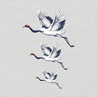 Flying cranes vintage wall art print poster design remix from original artwork.