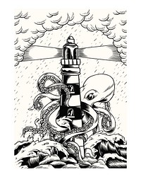 A giant octopus with tentacles wrapped around a lighthouse illustration.