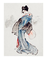 Japanese woman in kimono and a shamisen on the floor ukyio-e style vintage illustration wall art print and poster design remix from original artwork.