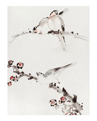 Three Birds Perched on Branches, One with Blossoms vintage illustration wall art print and poster design remix from the original artwork by Katsushika Hokusai. 