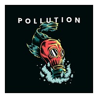 Fish wearing gas mask in polluted water illustration wall art print and poster design.