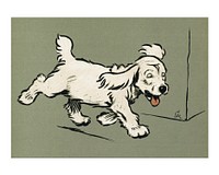 White dog running vintage illustration wall art print and poster design remix from original artwork.
