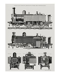 Engine train and its compartments vintage illustration wall art print and poster design remix from original artwork.