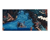 Warlord crossing the river vintage illustration wall art print and poster design remix from original artwork by Utagawa Kuniyoshi.