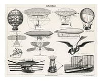 Collection of early flying machines including air balloons, airships, airplanes illustration wall art print and poster design remix from original artwork.