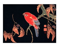 Red Parrot on the branch of a tree vintage illustration wall art print and poster design remix from original artwork by Ito Jakuchu. 