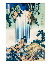Two travelers at a waterfall vintage illustration wall art print and poster design remix from the original artwork by Katsushika Hokusai.​​​​​ 