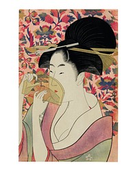 Japanese woman portrait holding a comb vintage illustration wall art print and poster design remix from the original artwork.