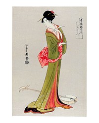 Japanese woman in kimono and a shamisen on the floor illustration wall art print and poster design remix from the original artwork.