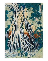 Travelers admiring a waterfall at the mountain vintage illustration wall art print and poster design remix from the original artwork by Katsushika Hokusai.​​​​​ 