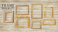 Luxurious baroque frame mockup on a wooden wall