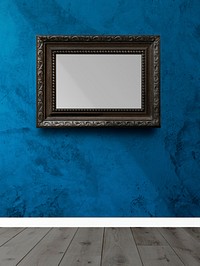 Baroque frame mockup on a blue wall