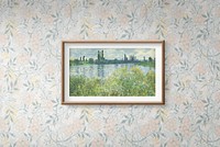 Scenery frame mockup against a floral wallpaper