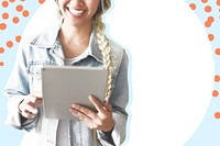 Cheerful woman using tablet mockup