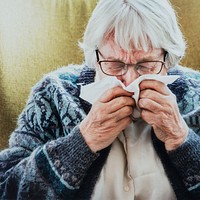 Coronavirus infected senior woman sneezing into a tissue paper social template