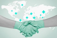 Gloved hands shaking hands to prevent coronavirus contamination