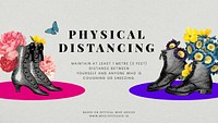 Advice on physical distancing by WHO and vintage pairs of shoes illustration psd mockup banner