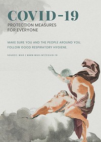 COVID-19 protection measure guide with ancient Greek painting remix illustration psd mockup