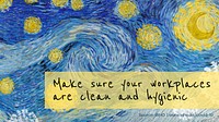 Workplace hygiene message and Van Gogh&#39;s The Starry Night coronavirus pandemic remix vector