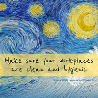 Workplace hygiene message and Van Gogh&#39;s The Starry Night coronavirus pandemic remix vector