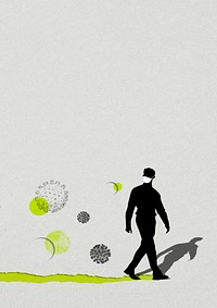 Man&#39;s silhouette wearing a mask with coronavirus contaminated background