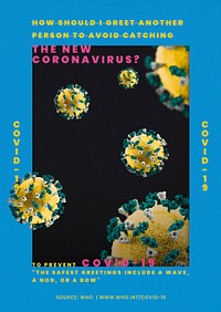 COVID-19 psd mockup poster with blue and yellow halftone coronavirus illustration