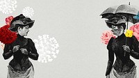Vintage Victorian ladies with flower decoration in coronavirus contaminated gray background psd mockup banner