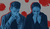 Sneezing couple with coronavirus symptom background