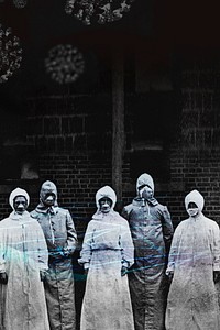People in protective suits from the Spanish flu pandemic coronavirus contaminated background