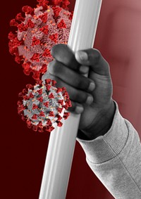 Man holding a coronavirus contaminated handrail on a bus background