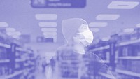Woman with a face mask  buying food in a supermarket during coronavirus pandemic social template