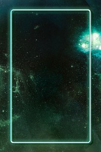 Glowing neon frame on a dark green galaxy background