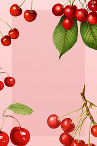 Hand drawn natural fresh red cherry frame on pink background