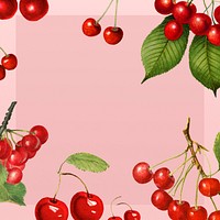 Hand drawn natural fresh red cherry frame on pink background