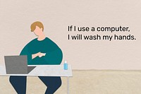 Man using a computer next to hand disinfectant. This image is part our collaboration with the Behavioural Sciences team at Hill+Knowlton Strategies to reveal which Covid-19 messages resonate best with the public. Learn more about this collection here: <a href="http://rawpixel.com/coronavirus" target="_blank">rawpixel.com/coronavirus</a>