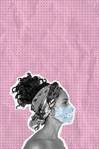 Woman wearing a face mask to prevent coronavirus infection on a pink banner