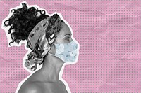 Woman wearing a face mask to prevent coronavirus infection on a pink banner