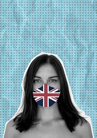 Brit woman wearing a face mask to prevent coronavirus infection on a blue banner