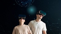 Couple experiencing metaverse with VR headsets