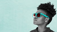Black woman wearing teal sunglasses