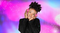 Black woman listening to music on her pink headphones