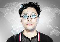 Asian hacker with computer code on his glasses