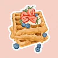 Vectorized waffles topped with berries sticker overlay with a white border on a pink background