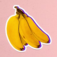 Halftone banana bunch with neon outline sticker with white border