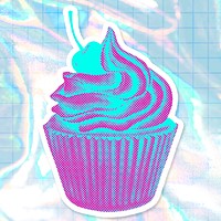 Funky neon halftone cherry cupcake sticker with white border