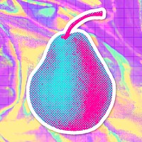 Funky neon halftone fresh pear sticker with white border