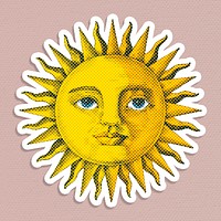 Hand drawn sun with a face halftone style sticker with a white border illustration