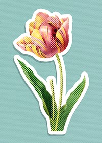 Hand drawn tulip flower halftone style sticker with a white border illustration