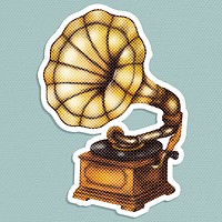 Hand drawn gramophone halftone style sticker with a white border illustration